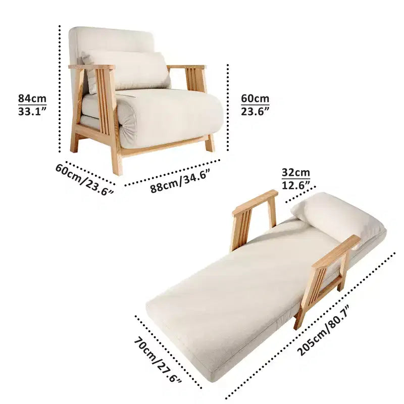 ATJafurn Convertible Fabric Upholstered Accent Armchair Futon Chair, Solid Wood Frame Sleeper Chaise for Bedroom Living Room, Beige