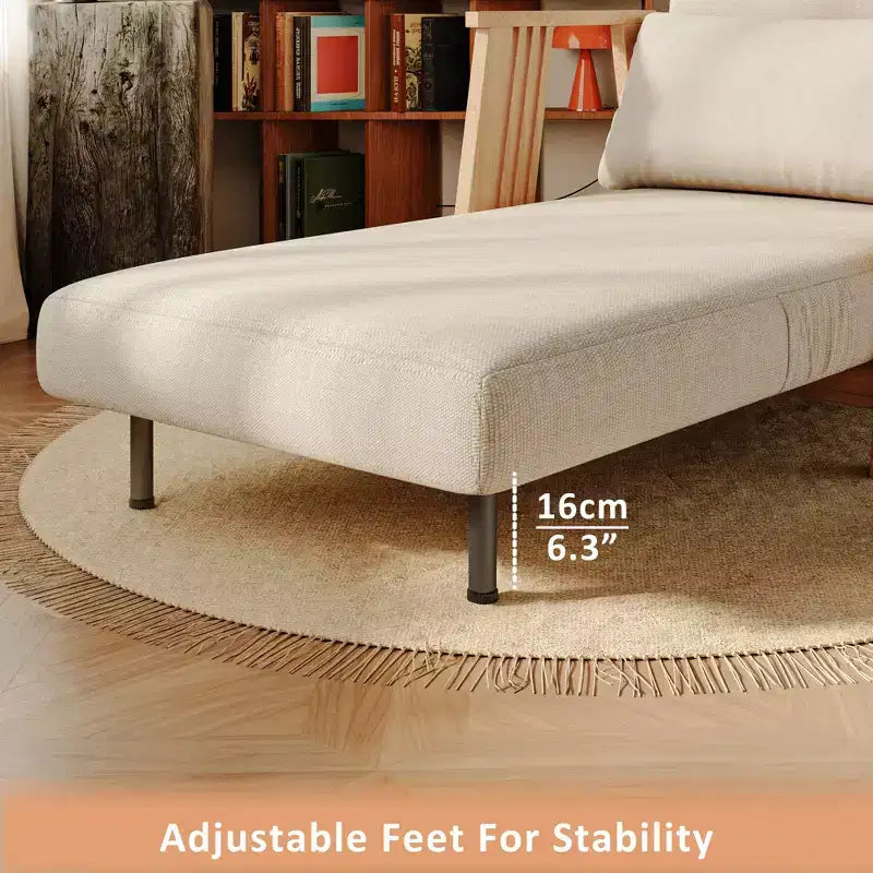 ATJafurn Convertible Fabric Upholstered Accent Armchair Futon Chair, Solid Wood Frame Sleeper Chaise for Bedroom Living Room, Beige
