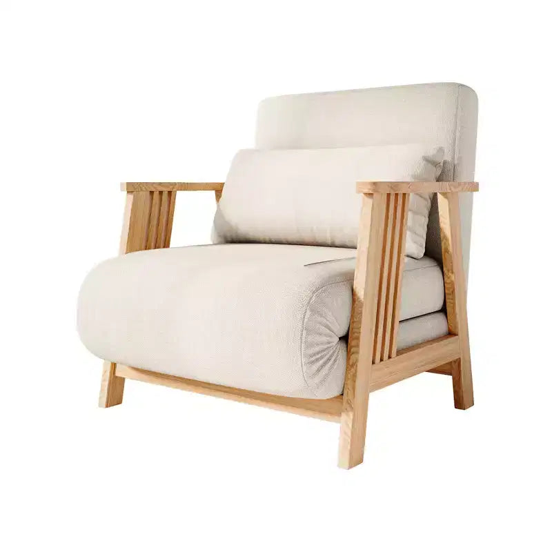 ATJafurn Convertible Fabric Upholstered Accent Armchair Futon Chair, Solid Wood Frame Sleeper Chaise for Bedroom Living Room, Beige