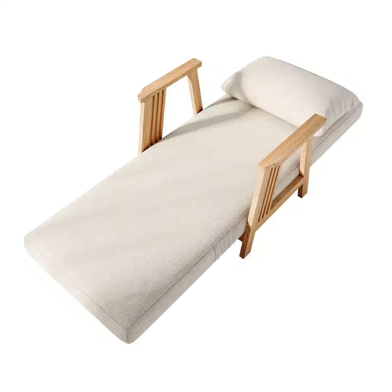 ATJafurn Convertible Fabric Upholstered Accent Armchair Futon Chair, Solid Wood Frame Sleeper Chaise for Bedroom Living Room, Beige
