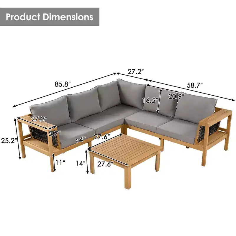 Ensemble de canapé d'extérieur en forme de L Whisen 4 pièces en bois d'acacia avec accoudoirs en maille tissée et table basse