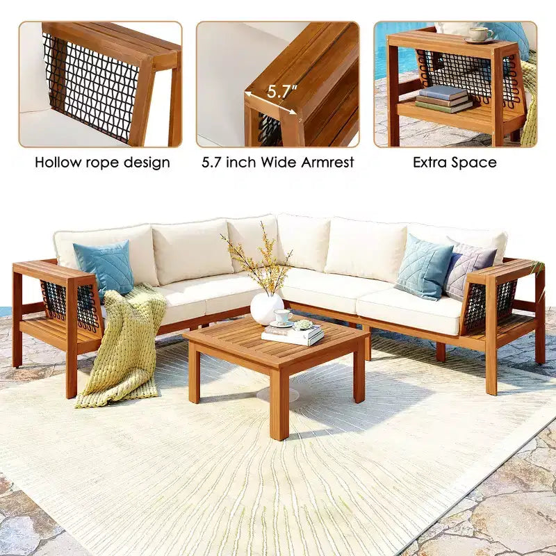 Ensemble de canapé d'extérieur en forme de L Whisen 4 pièces en bois d'acacia avec accoudoirs en maille tissée et table basse