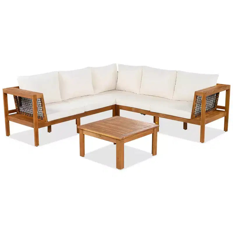 Ensemble de canapé d'extérieur en forme de L Whisen 4 pièces en bois d'acacia avec accoudoirs en maille tissée et table basse