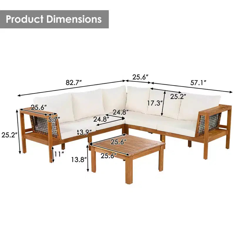 Ensemble de canapé d'extérieur en forme de L Whisen 4 pièces en bois d'acacia avec accoudoirs en maille tissée et table basse