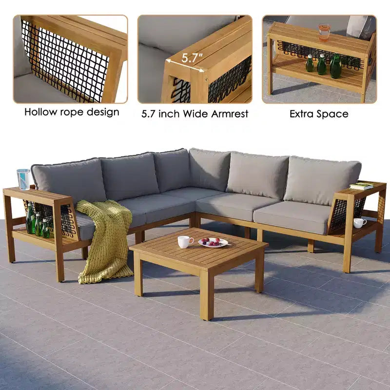Ensemble de canapé d'extérieur en forme de L Whisen 4 pièces en bois d'acacia avec accoudoirs en maille tissée et table basse