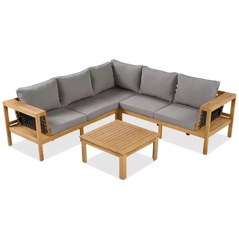 Ensemble de canapé d'extérieur en forme de L Whisen 4 pièces en bois d'acacia avec accoudoirs en maille tissée et table basse