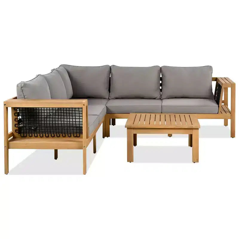 Ensemble de canapé d'extérieur en forme de L Whisen 4 pièces en bois d'acacia avec accoudoirs en maille tissée et table basse