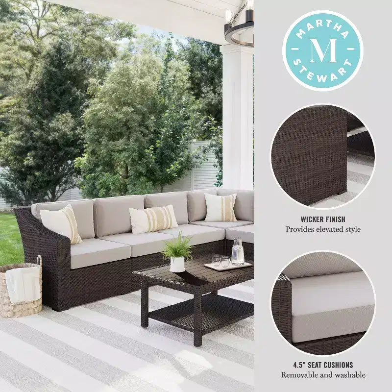 Canapé d'angle modulaire 6 places Martha Stewart Bedford pour intérieur et extérieur en rotin avec coussins toutes saisons