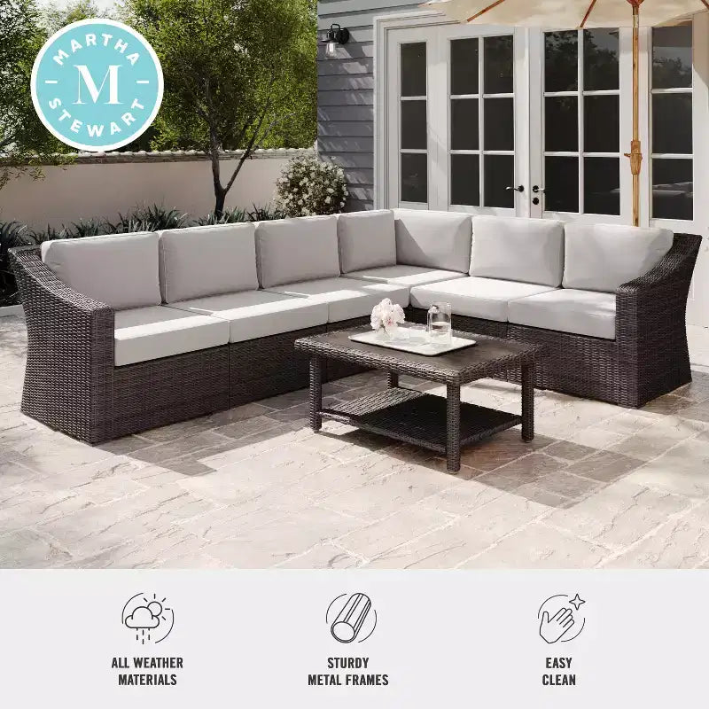 Canapé d'angle modulaire 6 places Martha Stewart Bedford pour intérieur et extérieur en rotin avec coussins toutes saisons