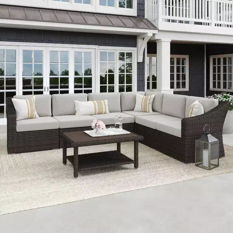 Canapé d'angle modulaire 6 places Martha Stewart Bedford pour intérieur et extérieur en rotin avec coussins toutes saisons