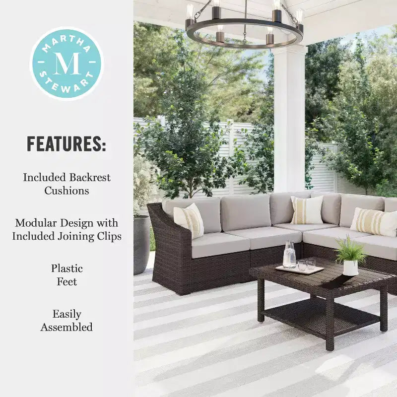 Canapé d'angle modulaire 6 places Martha Stewart Bedford pour intérieur et extérieur en rotin avec coussins toutes saisons