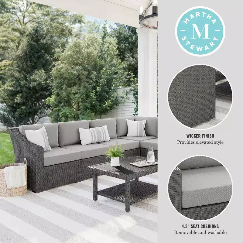 Canapé d'angle modulaire 6 places Martha Stewart Bedford pour intérieur et extérieur en rotin avec coussins toutes saisons