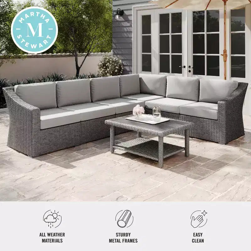 Canapé d'angle modulaire 6 places Martha Stewart Bedford pour intérieur et extérieur en rotin avec coussins toutes saisons