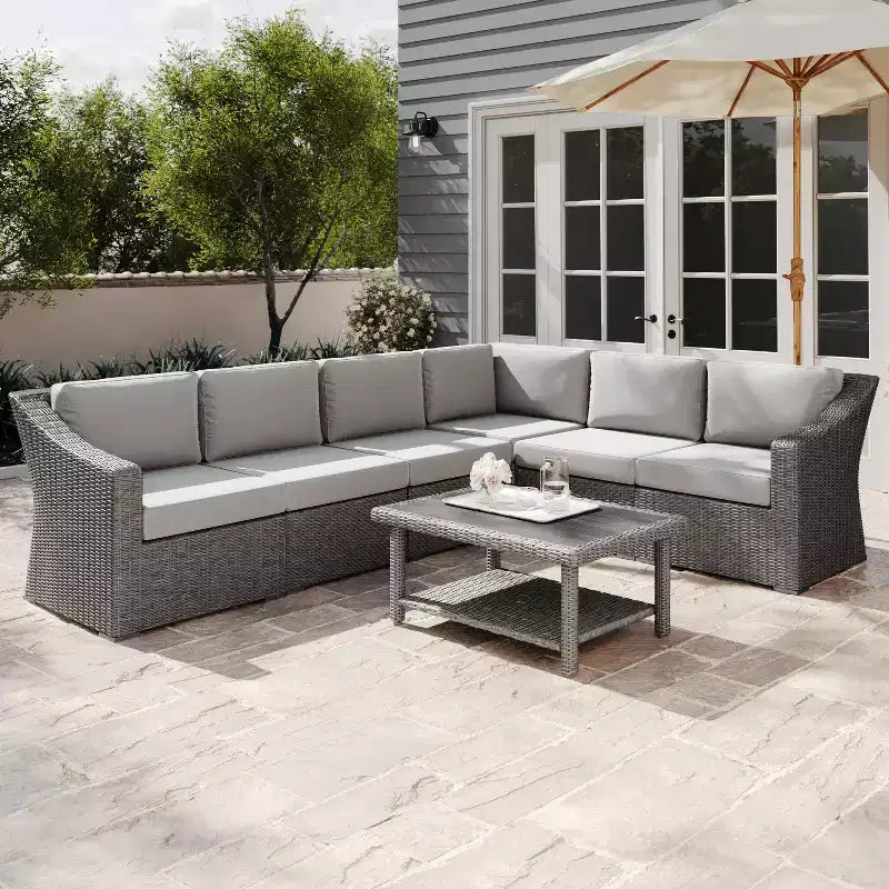 Canapé d'angle modulaire 6 places Martha Stewart Bedford pour intérieur et extérieur en rotin avec coussins toutes saisons