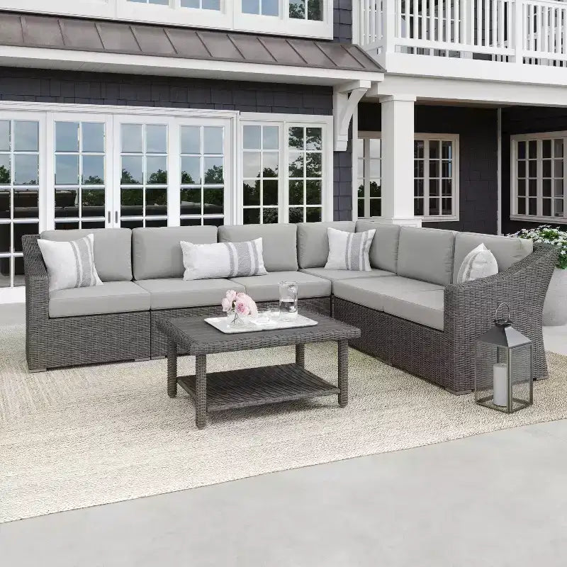 Canapé d'angle modulaire 6 places Martha Stewart Bedford pour intérieur et extérieur en rotin avec coussins toutes saisons