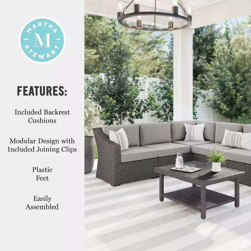 Canapé d'angle modulaire 6 places Martha Stewart Bedford pour intérieur et extérieur en rotin avec coussins toutes saisons