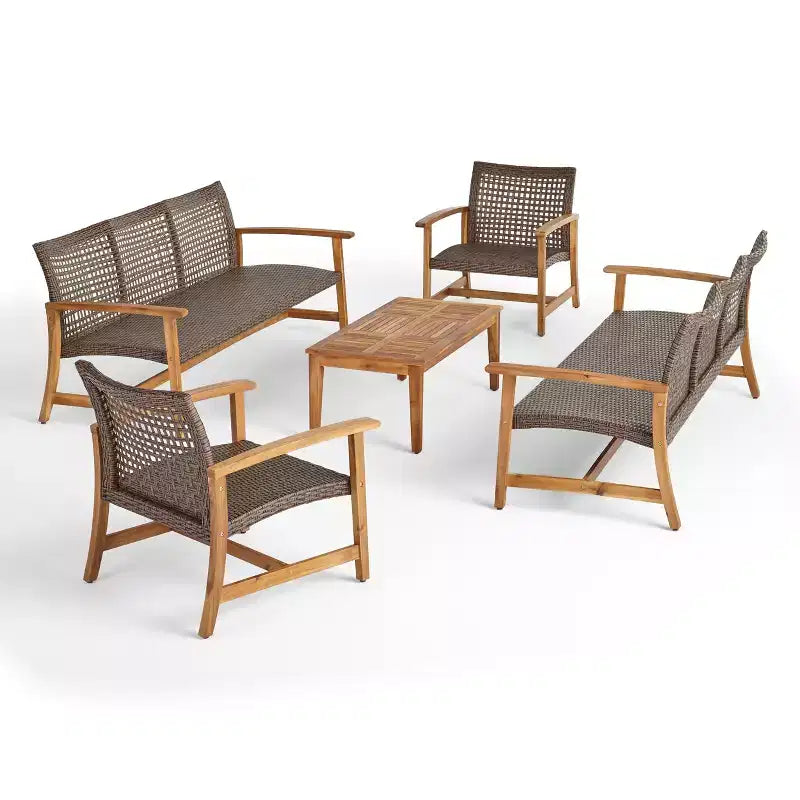 Christopher Knight Home Savannah Ensemble de conversation 8 places en bois d'acacia et osier d'extérieur