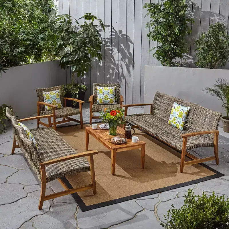Christopher Knight Home Savannah Outdoor Acacia Wood and Wicker 8 Seater Sofa Chat Set