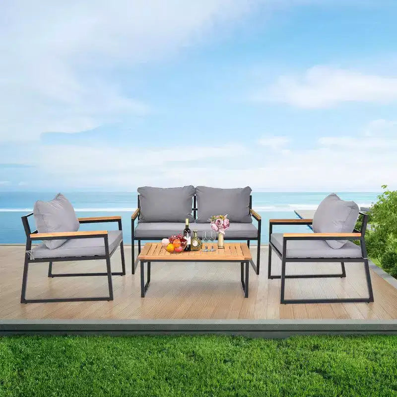 Karl Home Patio 4-Piece Acacia Wood Armrest & Table Top Conversation Set with Cushions