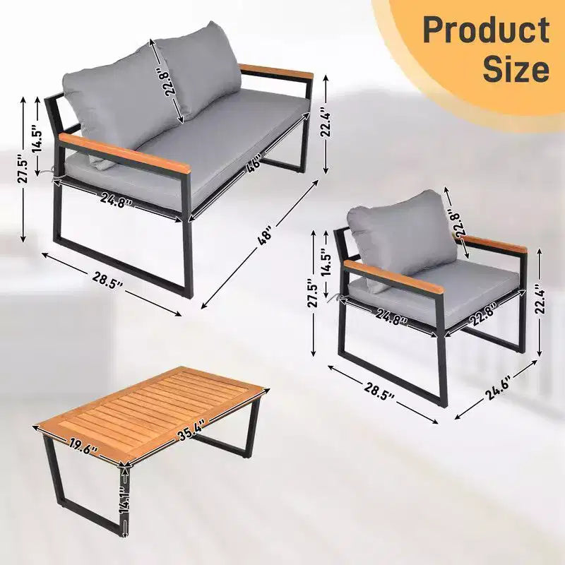 Ensemble de conversation Karl Home Patio 4 pièces en bois d'acacia avec accoudoirs et plateau de table, et coussins