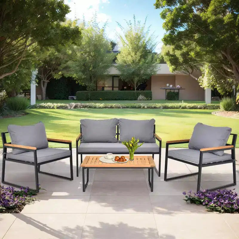 Ensemble de conversation Karl Home Patio 4 pièces en bois d'acacia avec accoudoirs et plateau de table, et coussins