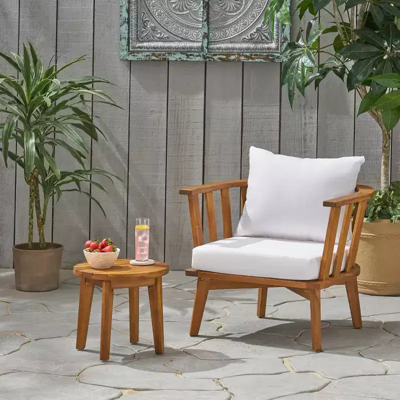 GDFStudio Lorie Outdoor Acacia Wood Club Chair and Side Table Set with Cushions, Teak/White