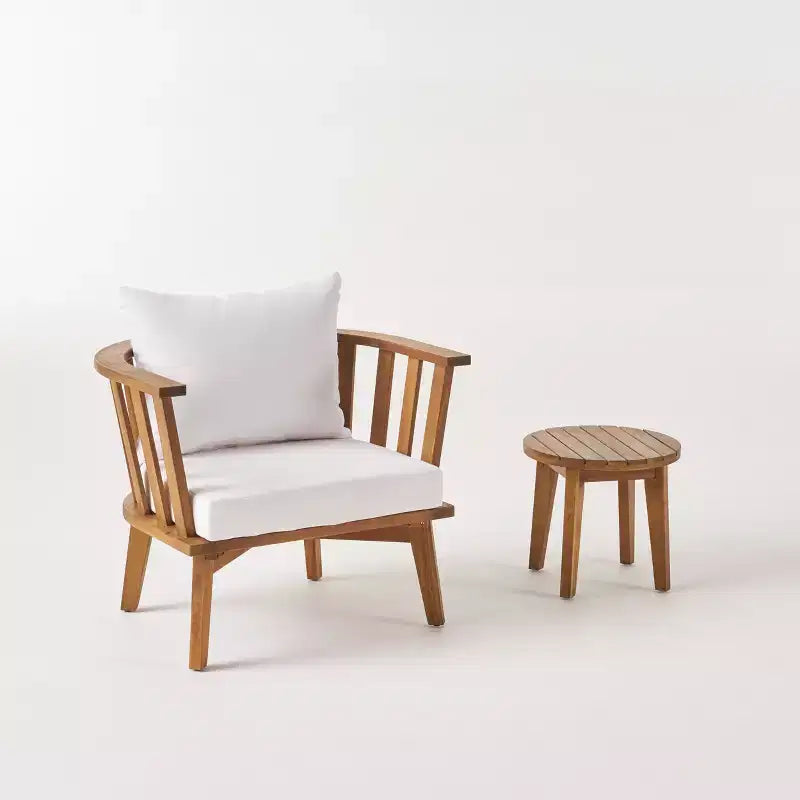 Ensemble de fauteuils de club et de table d'appoint d'extérieur GDFStudio Lorie en bois d'acacia avec coussins, teck/blanc