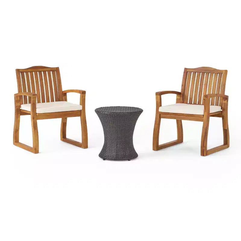 GDFStudio Copley Ensemble de 3 pièces de conversation d'extérieur en bois d'acacia et osier avec coussins, Teck/Crème