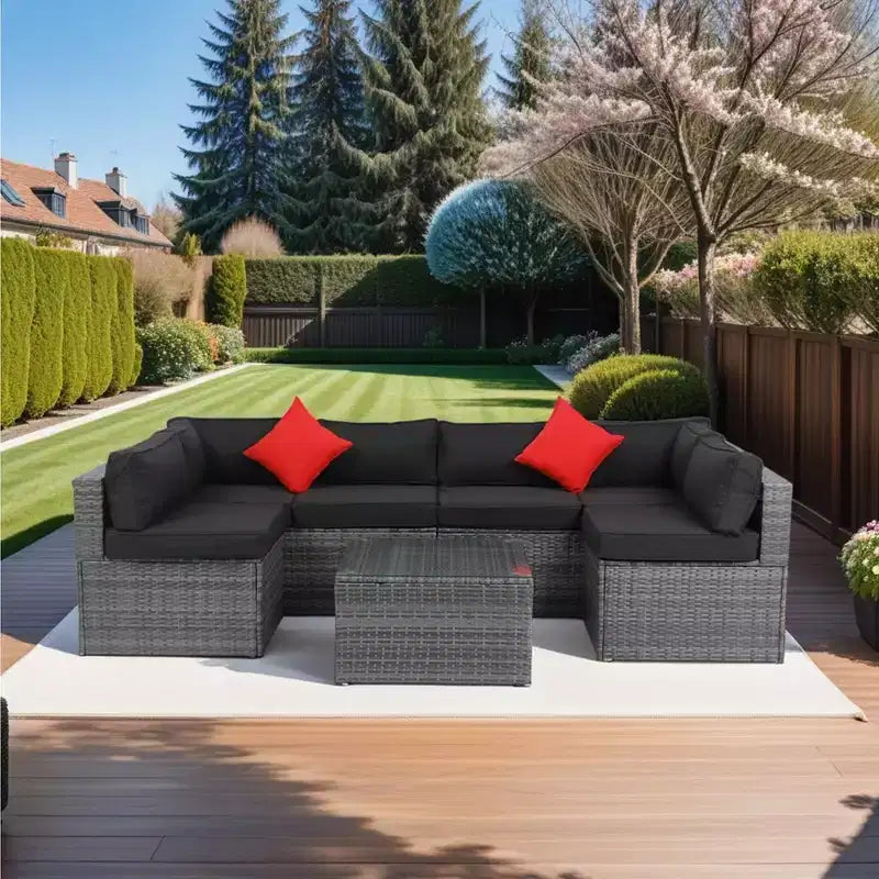 Whisen 5 Piece PE Rattan Outdoor Sectional Sofa Set U Shape with Cushions and 2 Pillows