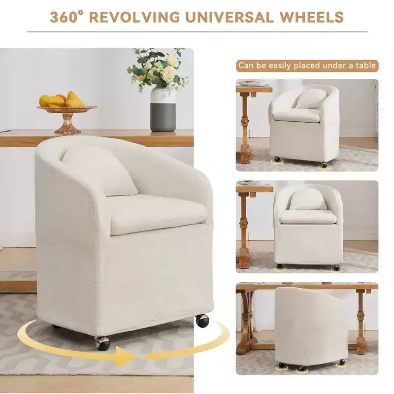 Set of 1 Chenille Fabric Dining Armchair With Back Cushion and Universal Wheels,Beige