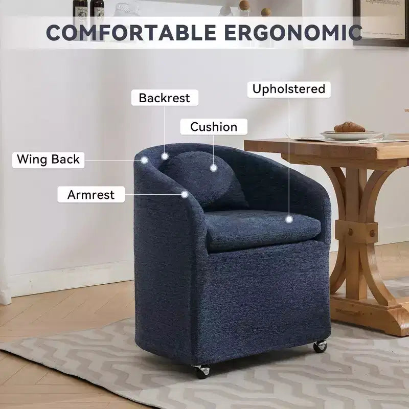 Set of 1 Chenille Fabric Dining Armchair With Back Cushion and Universal Wheels,Beige