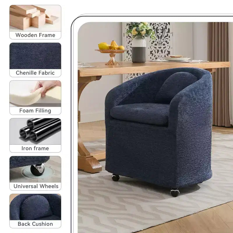 Set of 1 Chenille Fabric Dining Armchair With Back Cushion and Universal Wheels,Beige