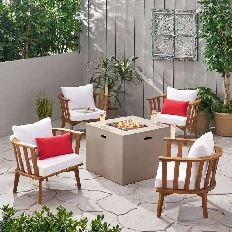 Christopher Knight Home Ridgeview Outdoor Acacia Wood 5 Piece Club Chair and Fire Pit Set with Cushions, Teak/White