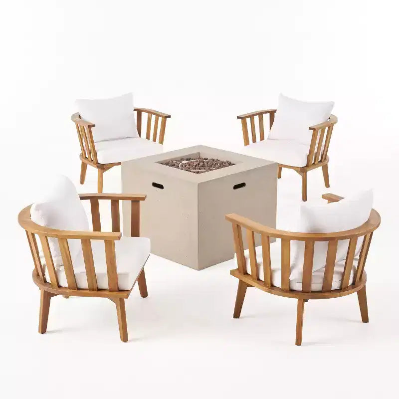 Christopher Knight Home Ridgeview Ensemble de 5 fauteuils de club et foyer d'extérieur en bois d'acacia avec coussins, teck/blanc