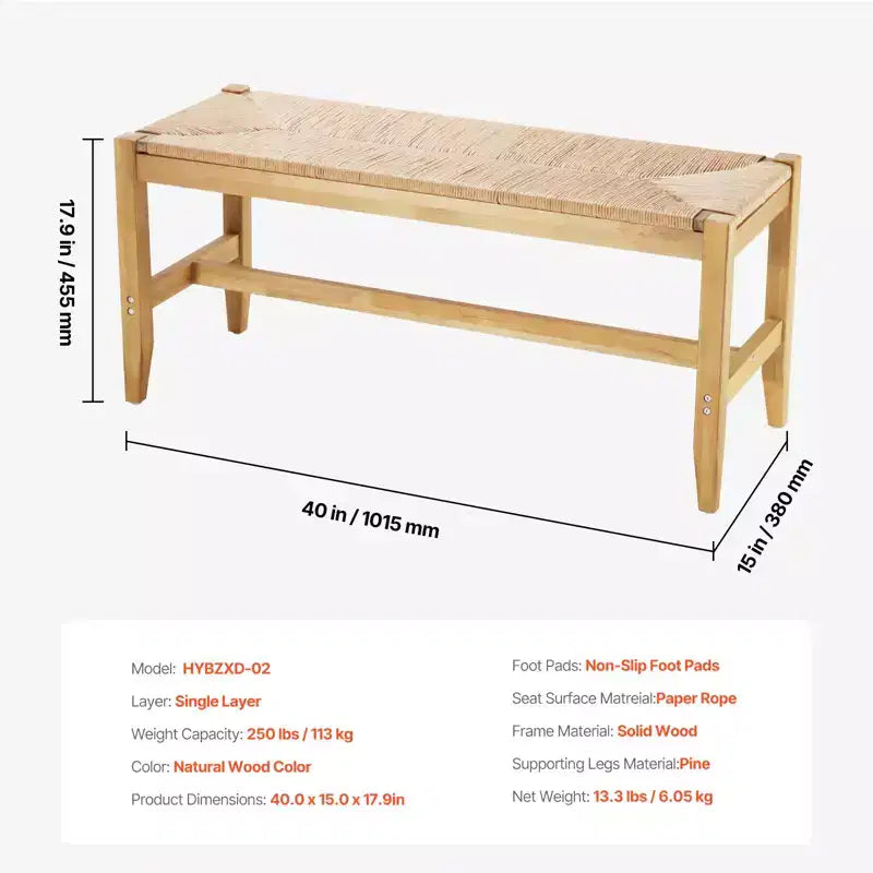 Banc en rotin VEVOR, banc en rotin de 40 pouces, banc d'entrée avec pieds en bois de chêne, banc de bout de lit bohème avec rotin tissé à la main