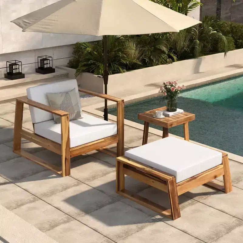Whisen Acacia Wood Outdoor Lounge Set - Chair & Ottoman, Perfect for Patios, Balconies, and Gardens