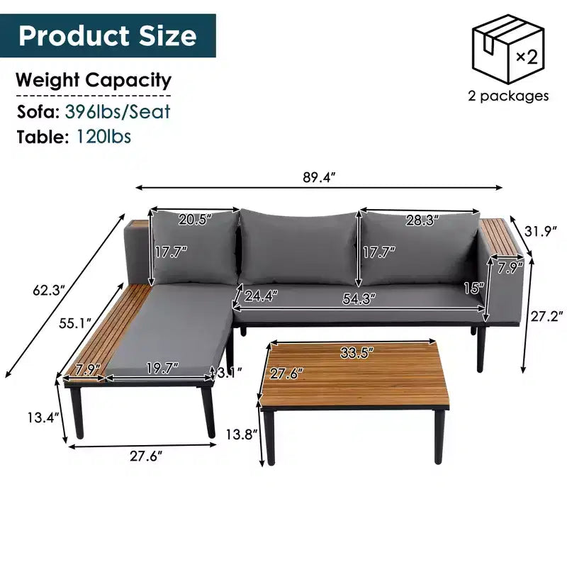 Ensemble de canapé d'extérieur en bois d'acacia en forme de L avec table basse et coussins amovibles – Meubles de patio pour jardin, véranda