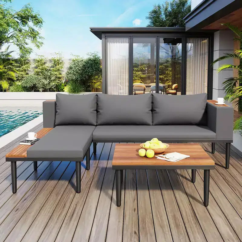 Ensemble de canapé d'extérieur en bois d'acacia en forme de L avec table basse et coussins amovibles – Meubles de patio pour jardin, véranda
