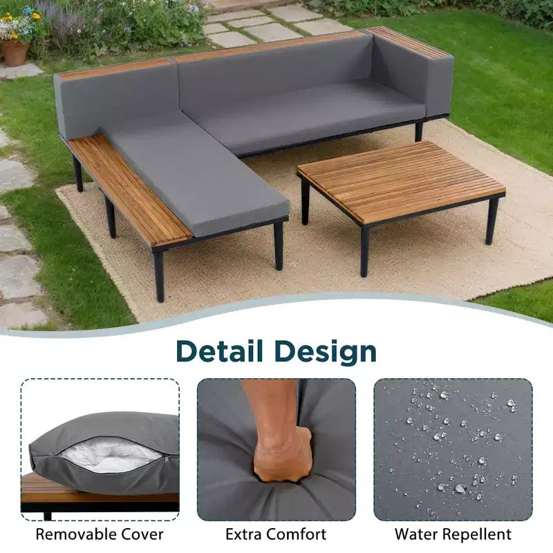 Ensemble de canapé d'extérieur en bois d'acacia en forme de L avec table basse et coussins amovibles – Meubles de patio pour jardin, véranda