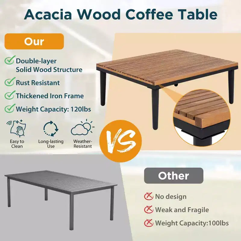 Ensemble de canapé d'extérieur en bois d'acacia en forme de L avec table basse et coussins amovibles – Meubles de patio pour jardin, véranda