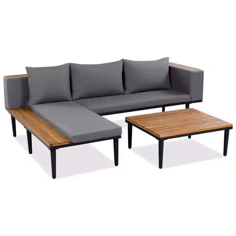 Ensemble de canapé d'extérieur en bois d'acacia en forme de L avec table basse et coussins amovibles – Meubles de patio pour jardin, véranda