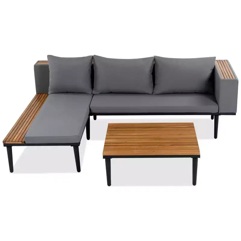 Ensemble de canapé d'extérieur en bois d'acacia en forme de L avec table basse et coussins amovibles – Meubles de patio pour jardin, véranda