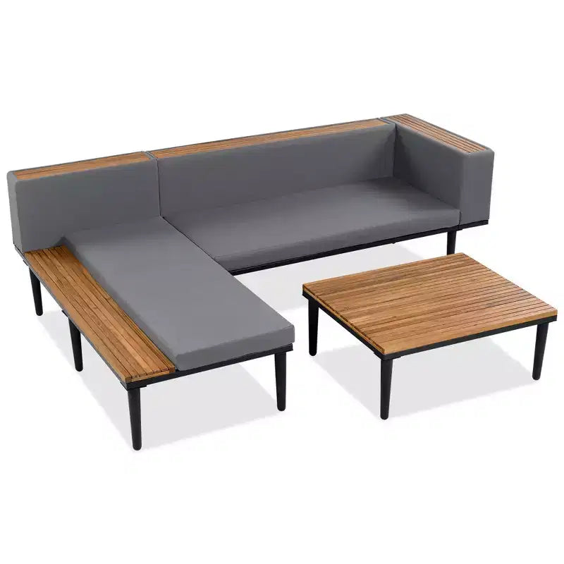 Ensemble de canapé d'extérieur en bois d'acacia en forme de L avec table basse et coussins amovibles – Meubles de patio pour jardin, véranda