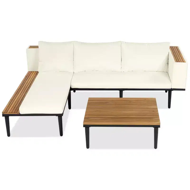 Ensemble de canapé d'extérieur en bois d'acacia en forme de L avec table basse et coussins amovibles – Meubles de patio pour jardin, véranda