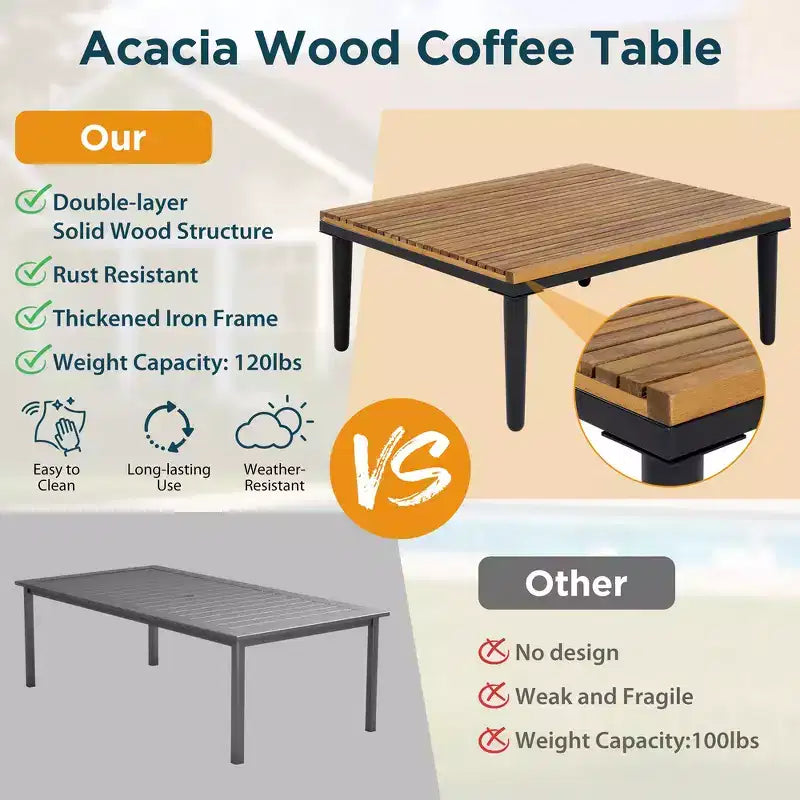 Ensemble de canapé d'extérieur en bois d'acacia en forme de L avec table basse et coussins amovibles – Meubles de patio pour jardin, véranda