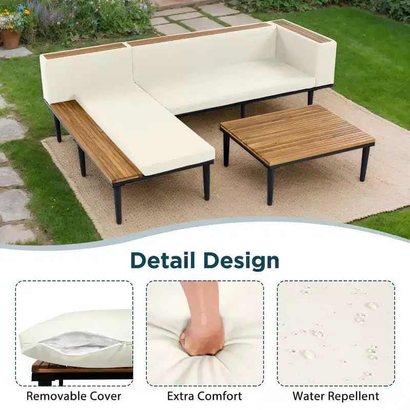 Ensemble de canapé d'extérieur en bois d'acacia en forme de L avec table basse et coussins amovibles – Meubles de patio pour jardin, véranda