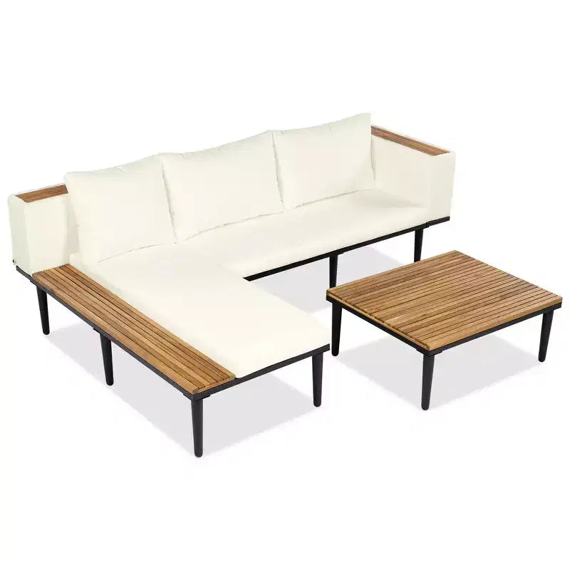 Ensemble de canapé d'extérieur en bois d'acacia en forme de L avec table basse et coussins amovibles – Meubles de patio pour jardin, véranda