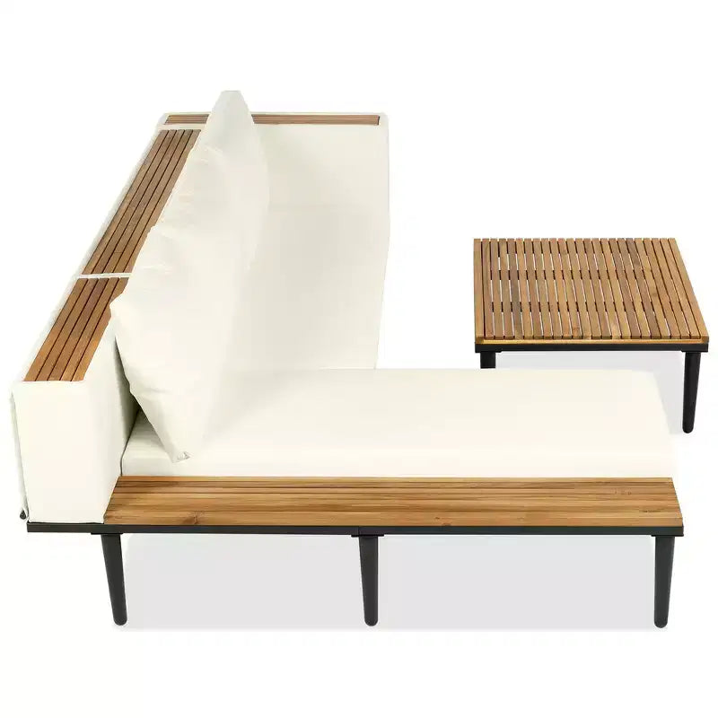 Ensemble de canapé d'extérieur en bois d'acacia en forme de L avec table basse et coussins amovibles – Meubles de patio pour jardin, véranda
