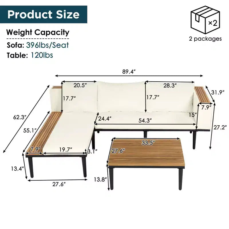 Ensemble de canapé d'extérieur en bois d'acacia en forme de L avec table basse et coussins amovibles – Meubles de patio pour jardin, véranda