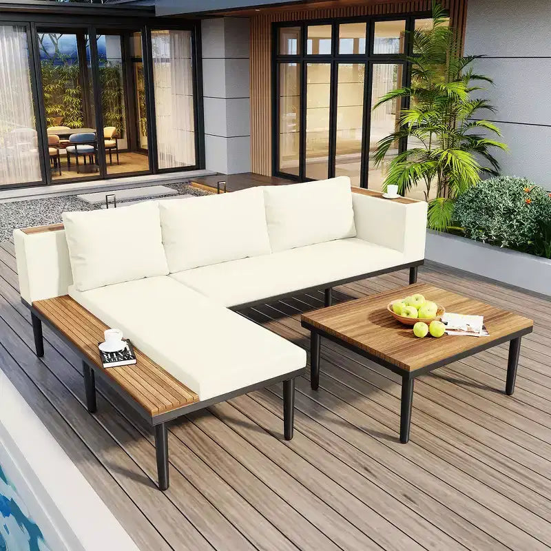Acacia Wood L-Shaped Outdoor Sofa Set with Coffee Table & Removable Cushions  Patio Furniture for Backyard, Porch